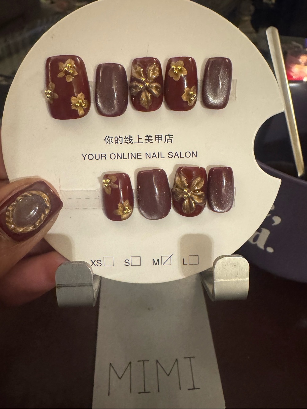 Press-On Nail Set - Burgundy with Gold Floral Accents (Short Squoval)